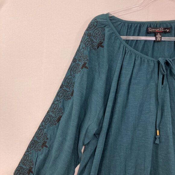 New French Laundry size 1X Teal Embroidered Cotton Stretch Tie Front Blouse - Picture 4 of 9